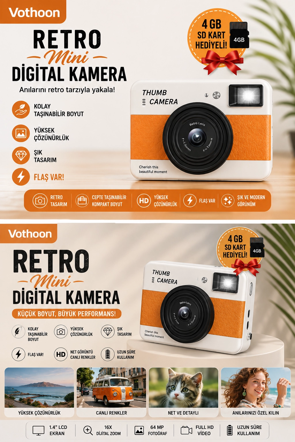 Retro Mini Dijital Kamera 1080P 1.47 İnç Flip Ekranlı Flaşlı Selfie Vlog Kamerası 4GB SD Hediyeli Turuncu