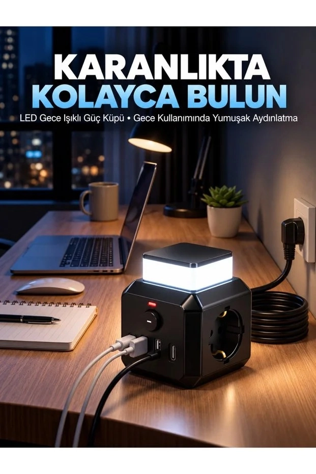 Akım Korumalı 3’lü Priz 2200W 1050J 10A Gece Lambalı 2 USB 2 Type-C Şarj Girişli Bsp-4