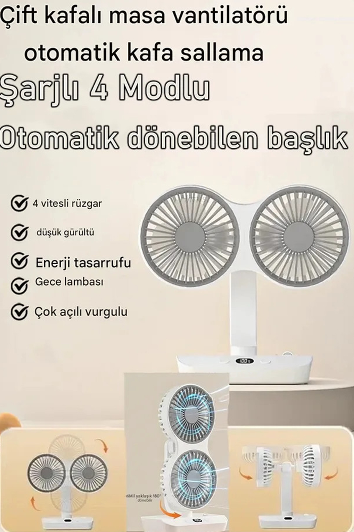 Masaüstü Dijital Ekranlı Çift Fanlı Led Işıklı Soğutucu Fan Ev Ofis Şarjlı Vantilatör