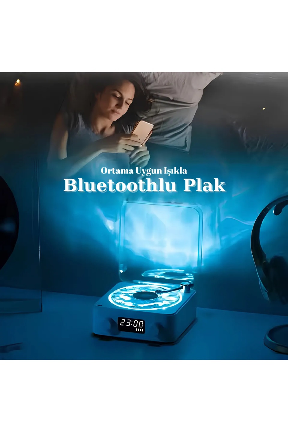 Waves Nostalji Plak Görünümlü Bluetooth Hoparlör 3D Ses Dalgası Retro Müzik Plak Mavi