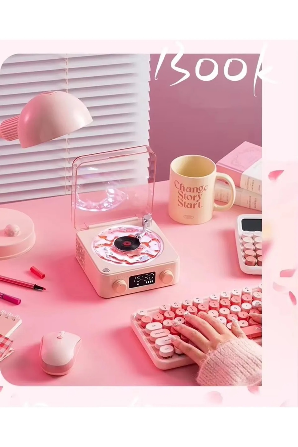 Waves Nostalji Plak Görünümlü Bluetooth Hoparlör 3D Ses Dalgası Retro Müzik Plak pembe