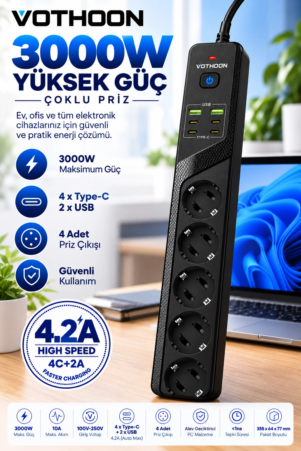 4’lü Akım Korumalı Çoklu Priz 4 Type-C 2 USB Girişli 4.2A Hızlı Şarj Destekli Priz 3000W
