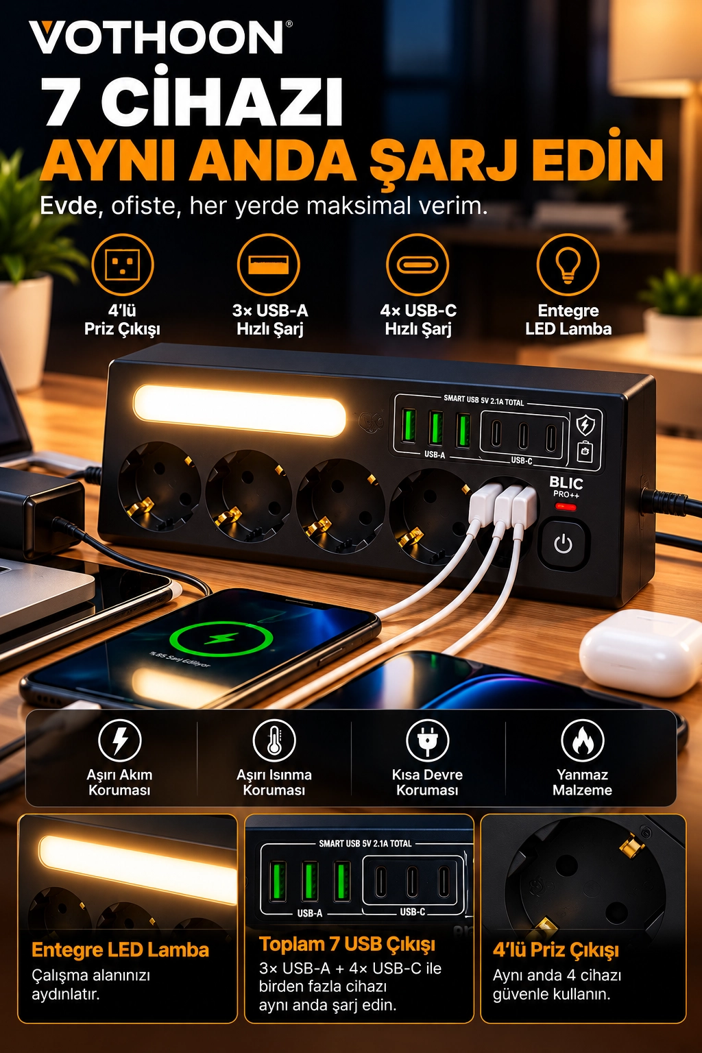 Çoklu Gece Lambalı Üçgen Priz Akım Korumalı 4’LÜ Priz 3XUSB 3XType-C Çıkışlı Grup Priz Siyah