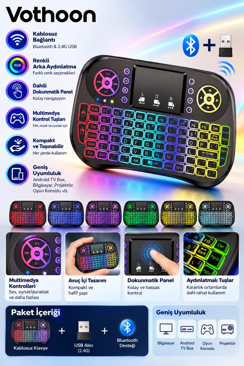 ZK-08 RGB Işıklı Mini Kablosuz Klavye Touchpad Bluetooth ve 2.4G Smart TV Kumandası