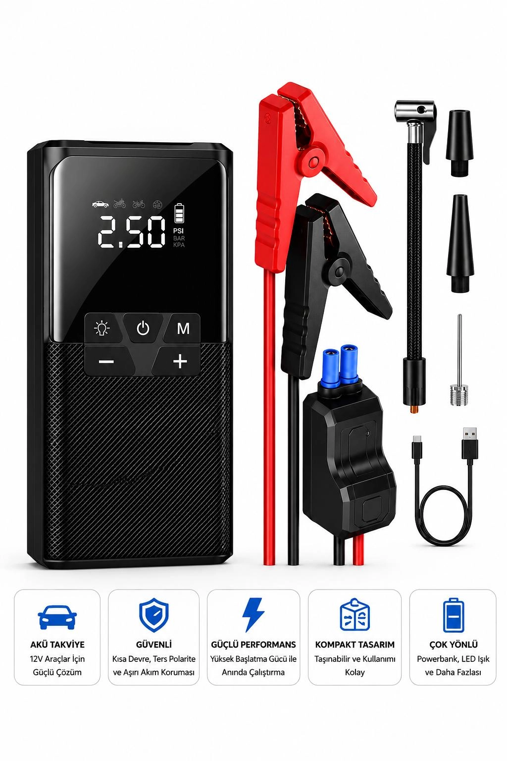 Vothoon12000 mAh Akıllı Akü Takviye ve Dijital Hava Pompası Akım Korumalı