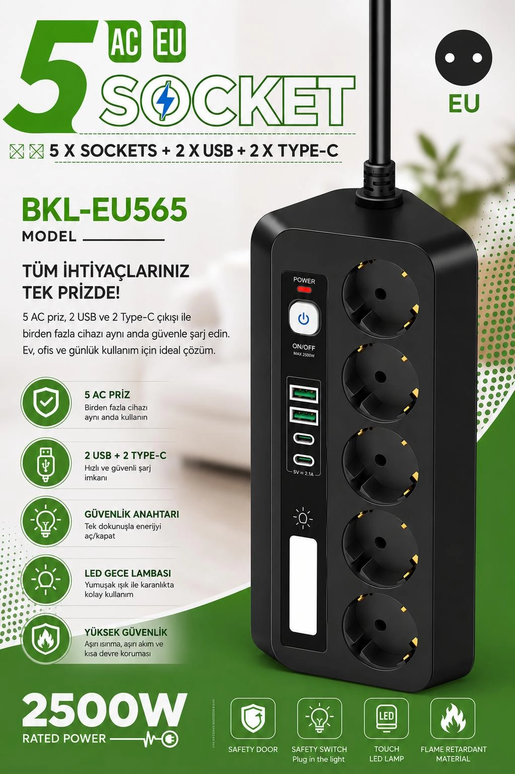 5’li Akım Korumalı Priz 2500W | 2 USB + 2 Type-C Hızlı Şarj | LED Gece Lambalı | Dokunmatik siyah