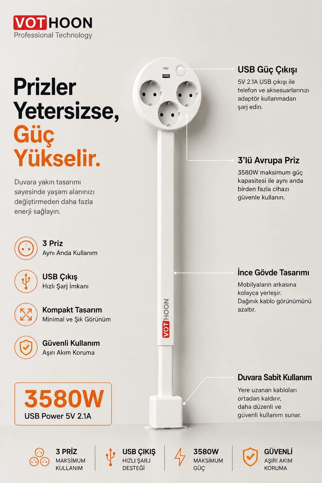 Teleskopik Çoklu Priz, 3’lü Topraklı + USB-C & USB-A, Yükseklik Ayarlı, Işıklı Anahtarlı Uzatma Priz