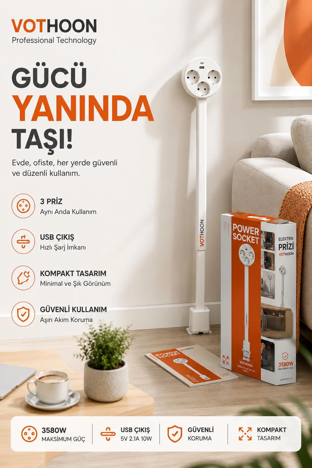 Teleskopik Çoklu Priz, 3’lü Topraklı + USB-C & USB-A, Yükseklik Ayarlı, Işıklı Anahtarlı Uzatma Priz