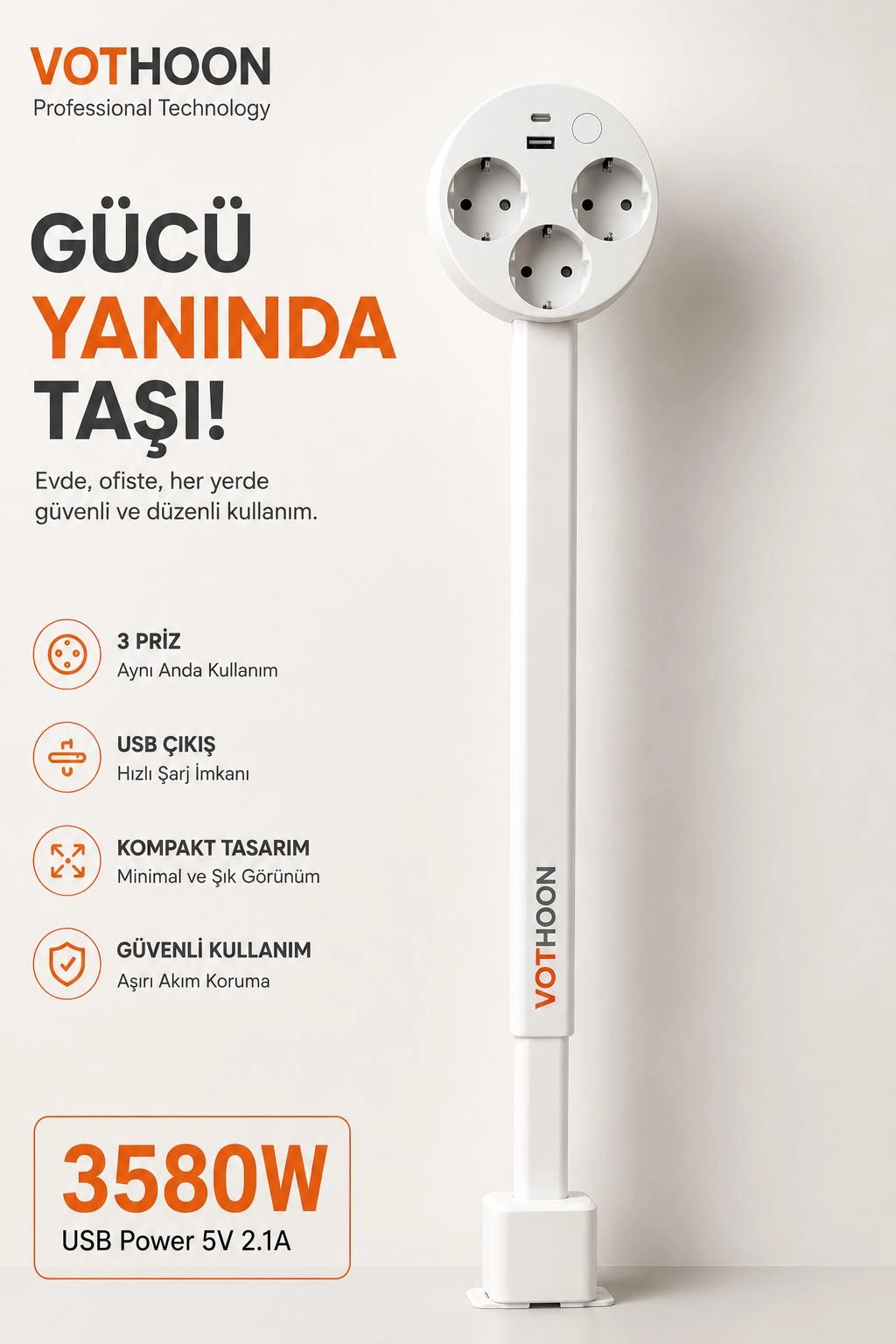 Teleskopik Çoklu Priz, 3’lü Topraklı + USB-C & USB-A, Yükseklik Ayarlı, Işıklı Anahtarlı Uzatma Priz