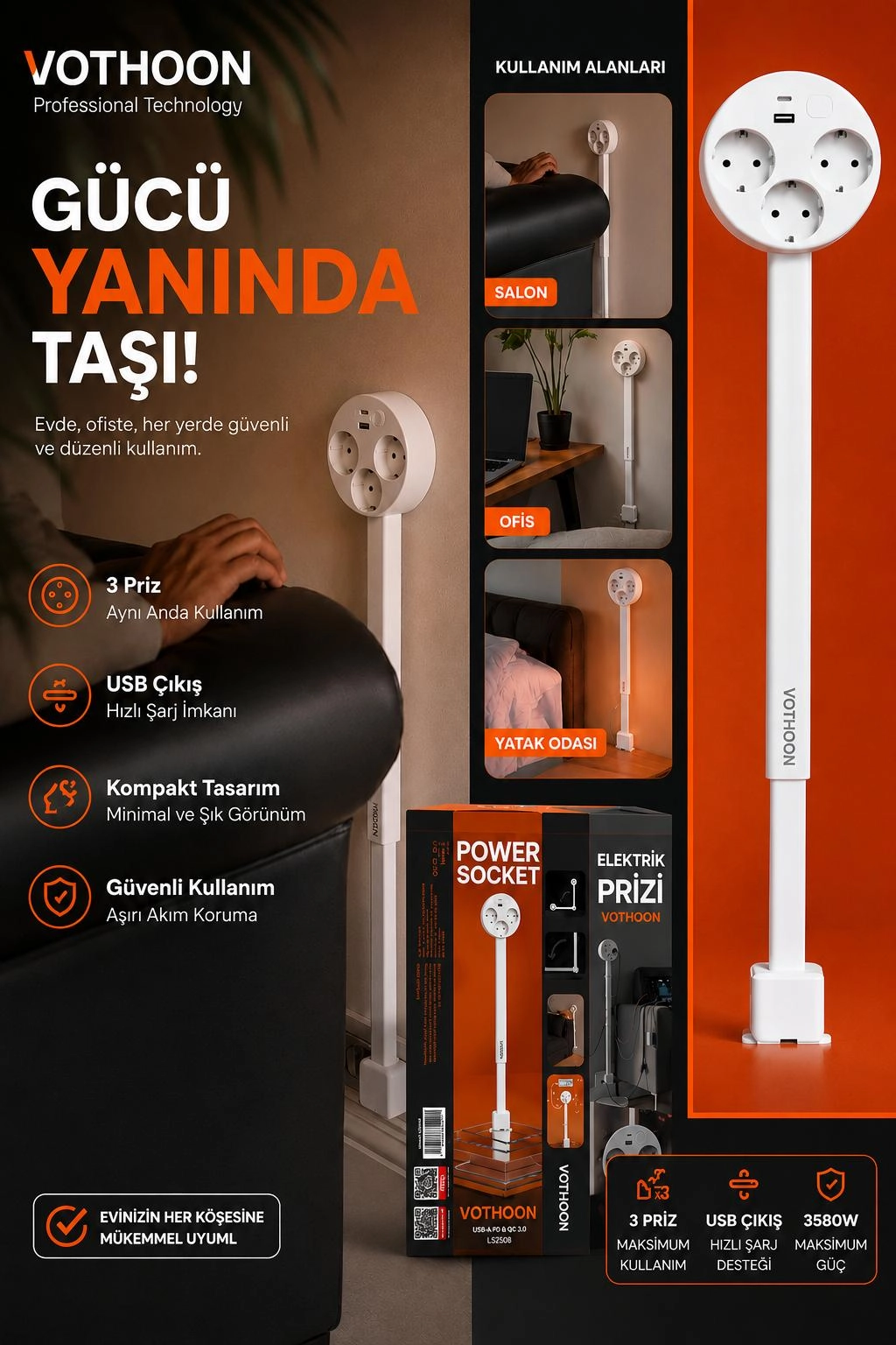 Teleskopik Çoklu Priz, 3’lü Topraklı + USB-C & USB-A, Yükseklik Ayarlı, Işıklı Anahtarlı Uzatma Priz