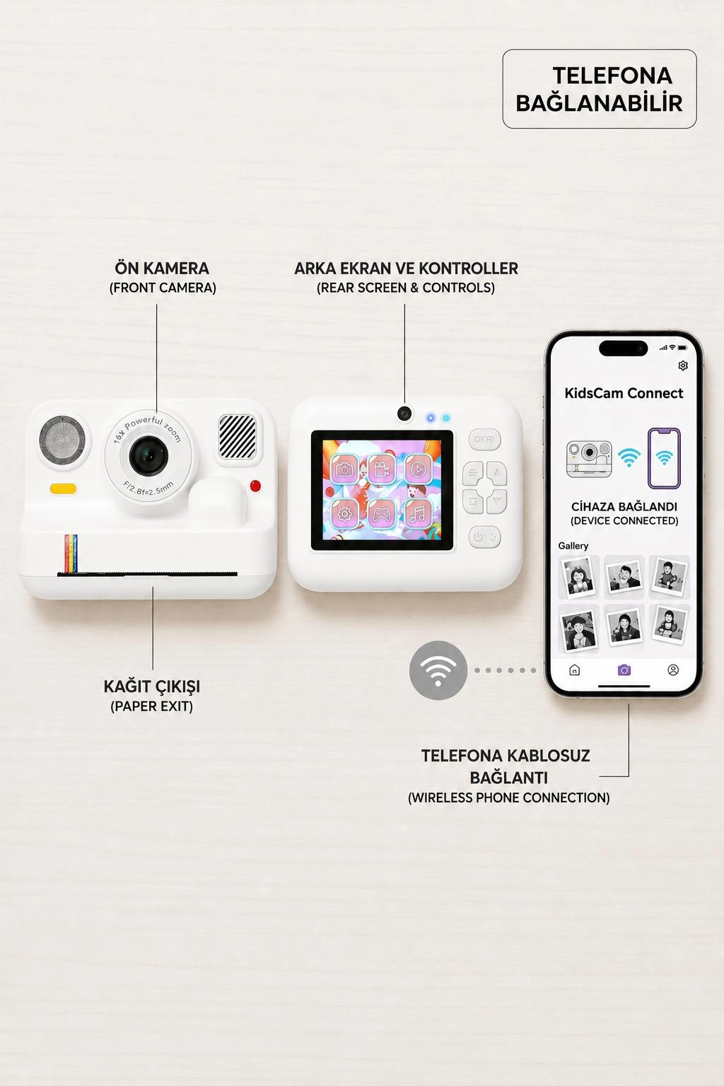 Çocuk Anında Baskılı Fotoğraf Makinesi 16MP Dijital Kamera 1080P Video WiFi Telefon Destekli