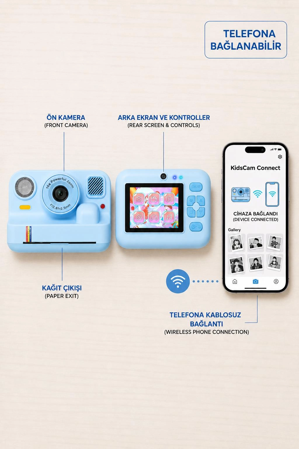 Çocuk Anında Baskılı Fotoğraf Makinesi 16MP Dijital Kamera 1080P Video WiFi Telefon Destekli