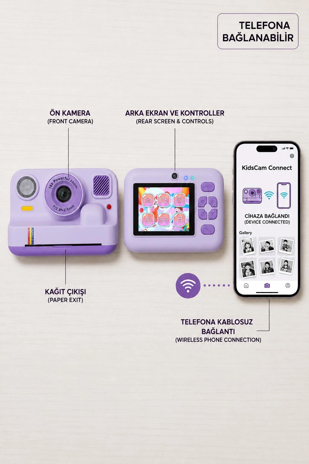 Çocuk Anında Baskılı Fotoğraf Makinesi 16MP Dijital Kamera 1080P Video WiFi Telefon Destekli