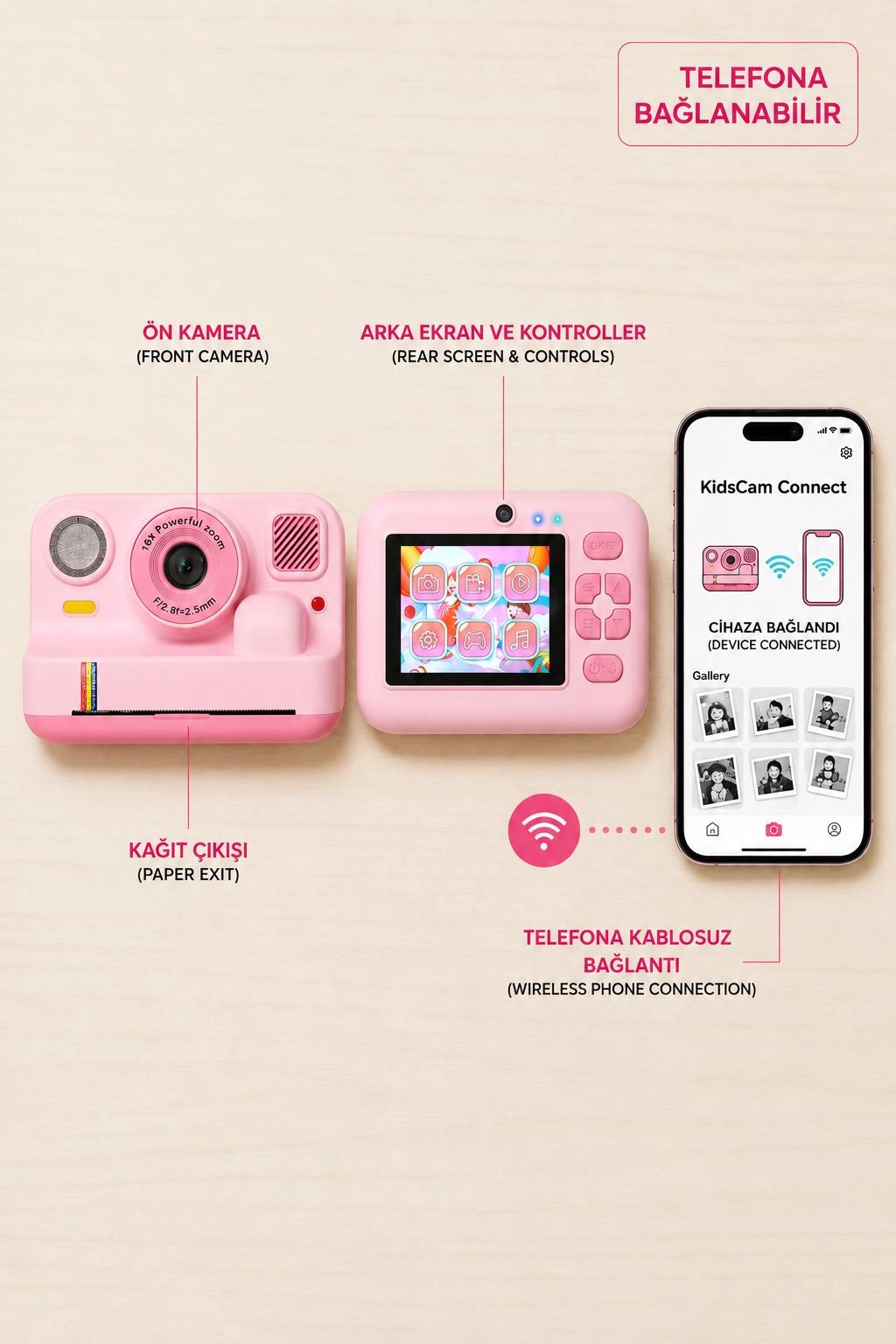 Çocuk Anında Baskılı Fotoğraf Makinesi 16MP Dijital Kamera 1080P Video WiFi Telefon Destekli