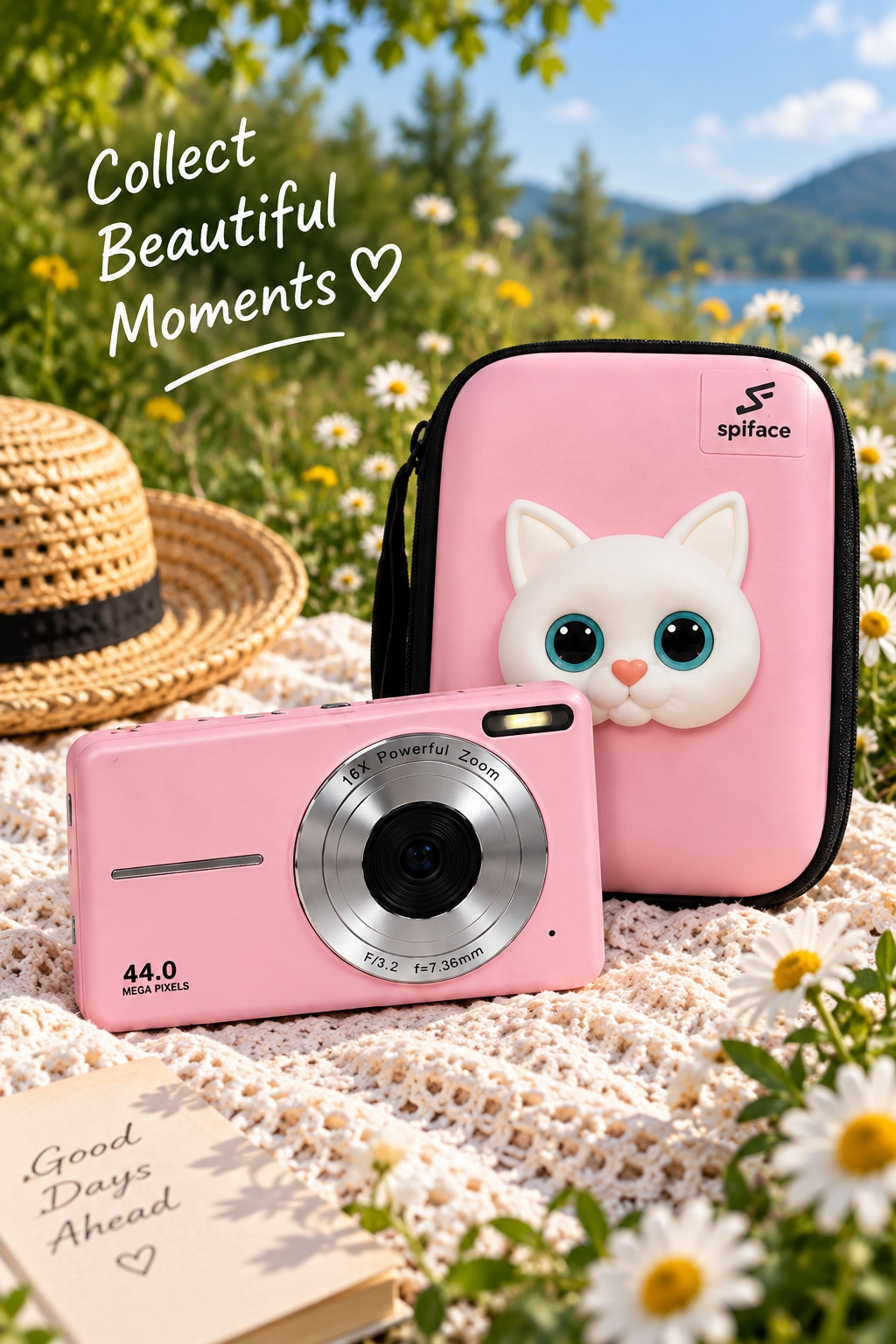 4K Figürlü Çantalı Dijital Video Kamera 44MP 16X Zoom Işıklı Kart Dijital Fotoğraf Makinesi 64gb Hafıza Kart Hediyeli pembe
