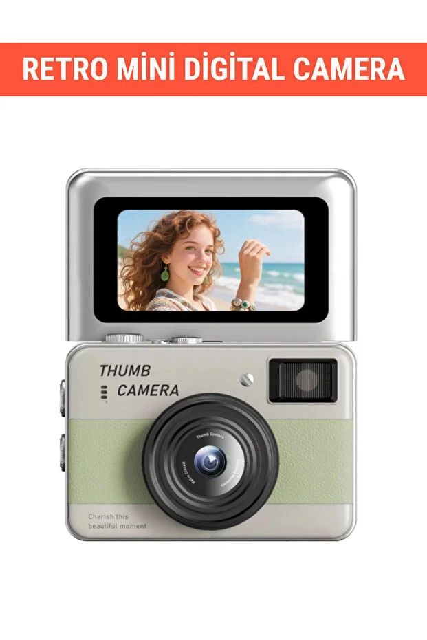 Retro Mini Dijital Kamera 1080P 1.47 İnç Flip Ekranlı Flaşlı Selfie Vlog Kamerası 4GB SD Hediyeli Yeşil