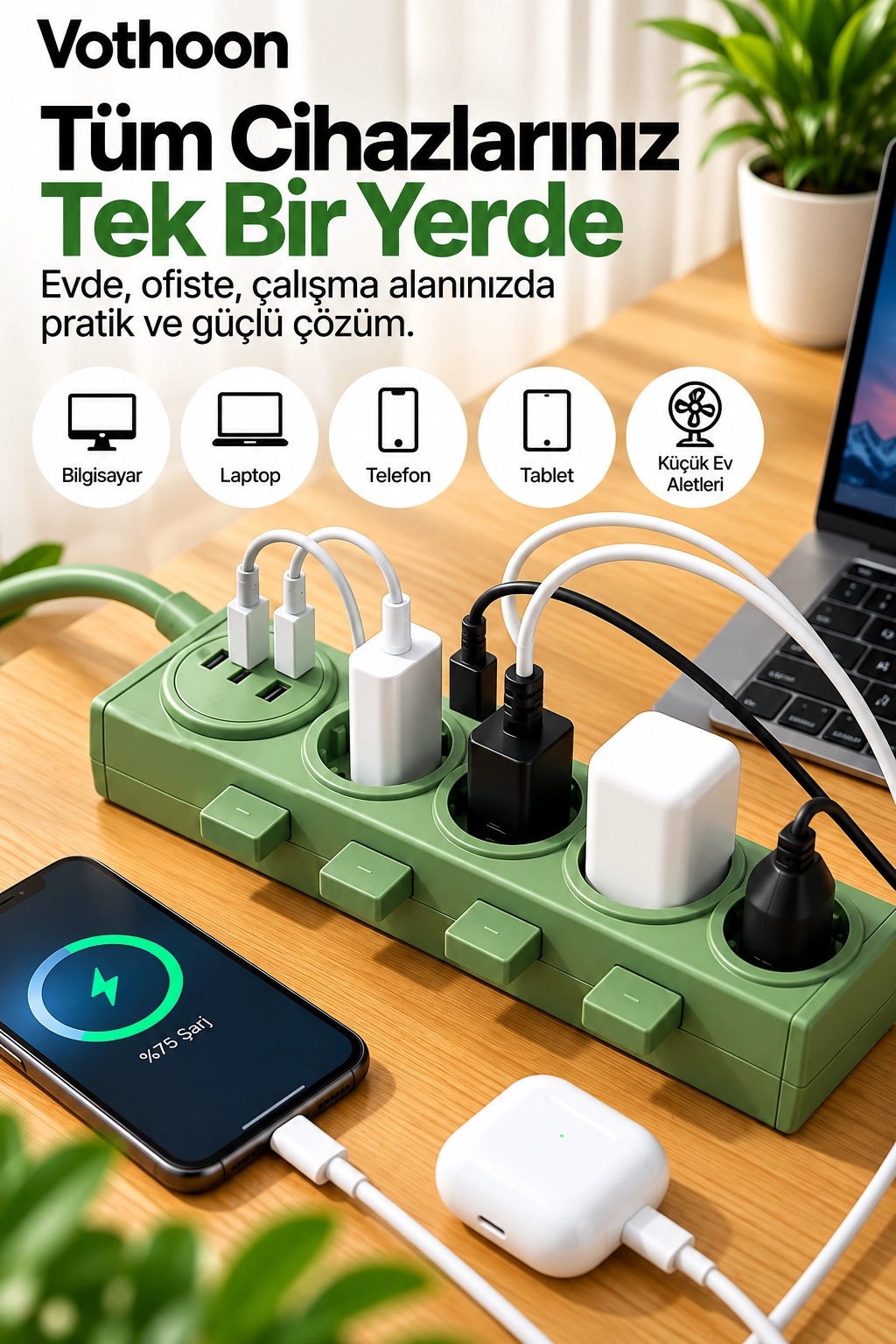 Vothoon 4’lü Akıllı Priz Tek Dokunuşla Fiş Çıkarma 2 Metre Kablo 2 Type-C + USB 15W Hızlı Şarj 3680W