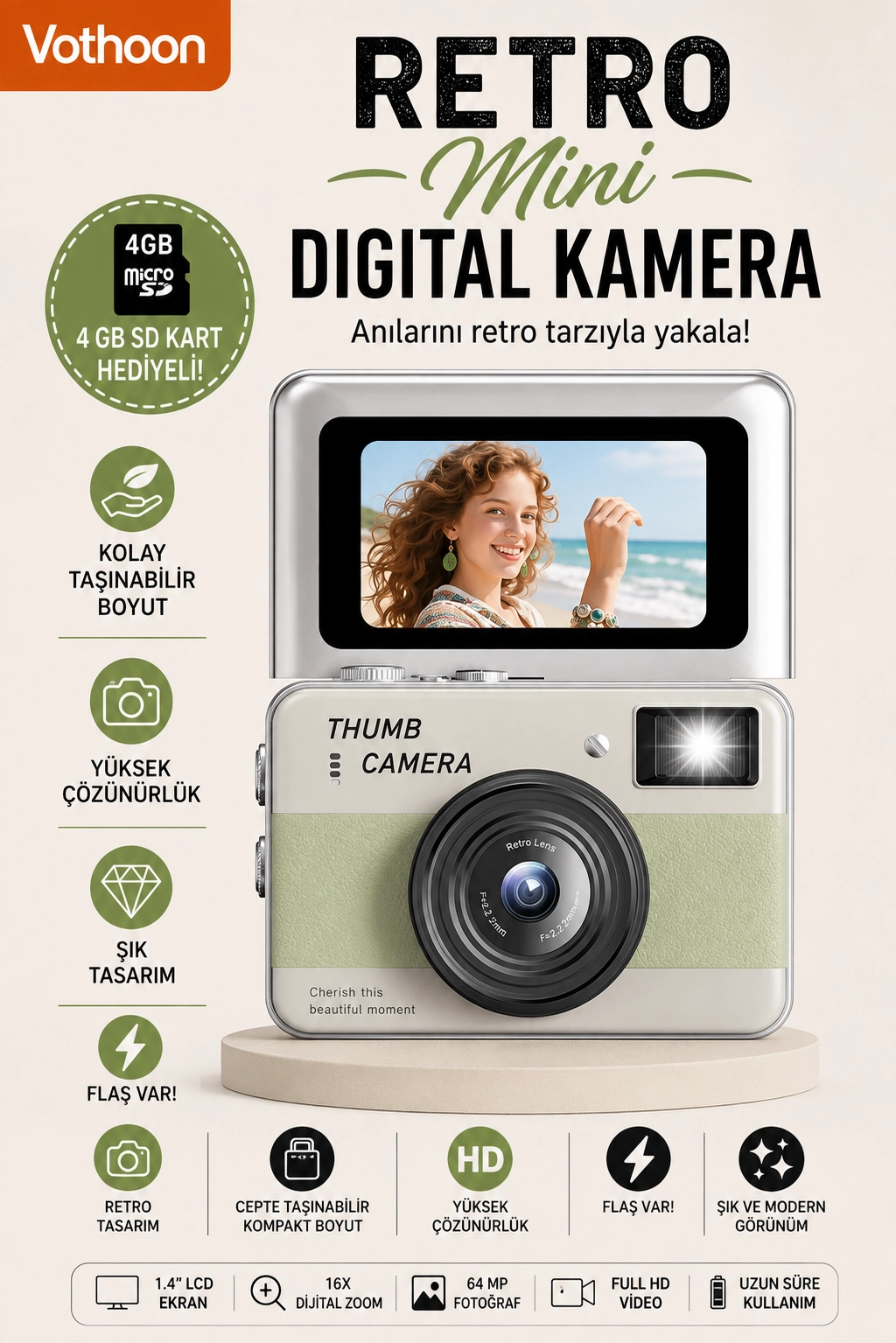 Retro Mini Dijital Kamera 1080P 1.47 İnç Flip Ekranlı Flaşlı Selfie Vlog Kamerası 4GB SD Hediyeli Yeşil