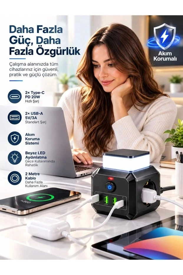 Akım Korumalı 3’lü Priz 2200W 1050J 10A Gece Lambalı 2 USB 2 Type-C Şarj Girişli Bsp-4