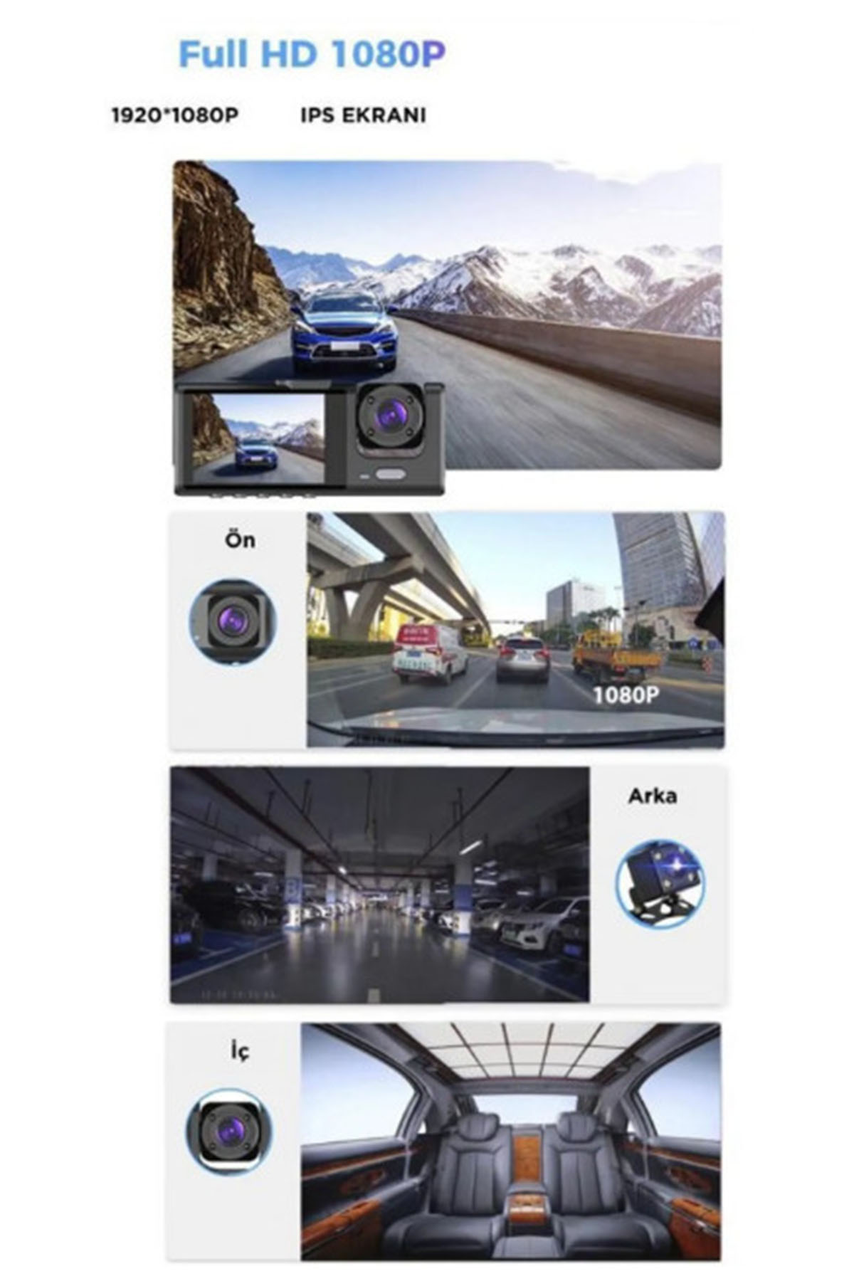 Vothoon Araç içi 1080p 3 Kameralı Lcd Ekranlı Gece Görüşlü , G-sensör , Geri Görüş Kamera